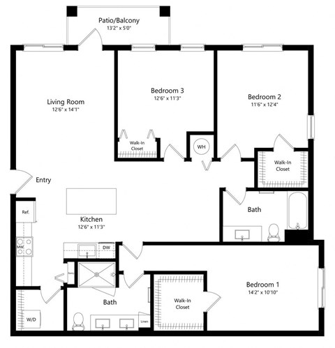 Floor plan for 3 beds, 2 baths, 1440 sqft